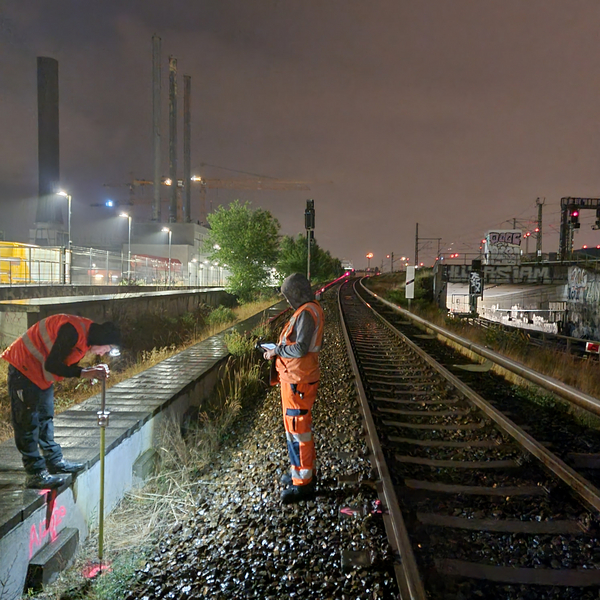 2 Vermesser bei einer Nachtvermessung am Westhafen Berlin - Siemensbahn